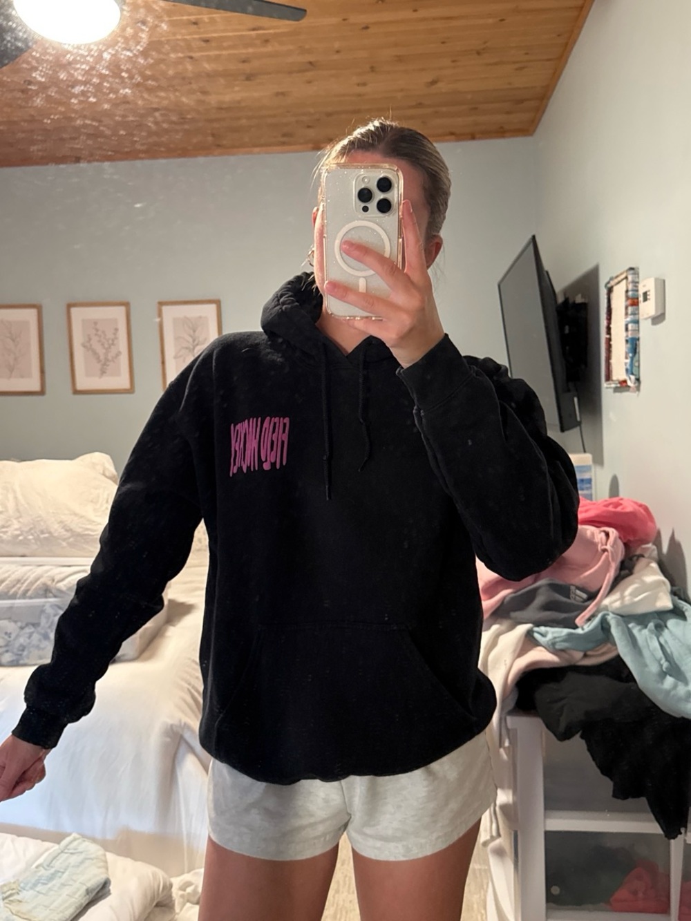 White Fox looking Field Hockey Black Hoodie with Pink Graphic